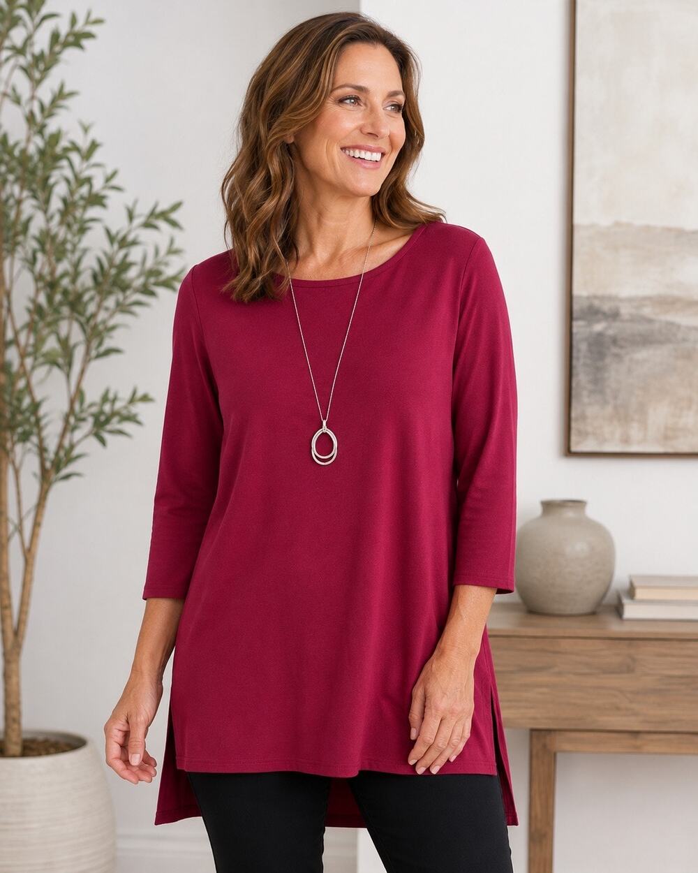 Halogen Women’s XL Raspberry Tunic Top 3/4 Sleeve Boat Neck High Low Stretch